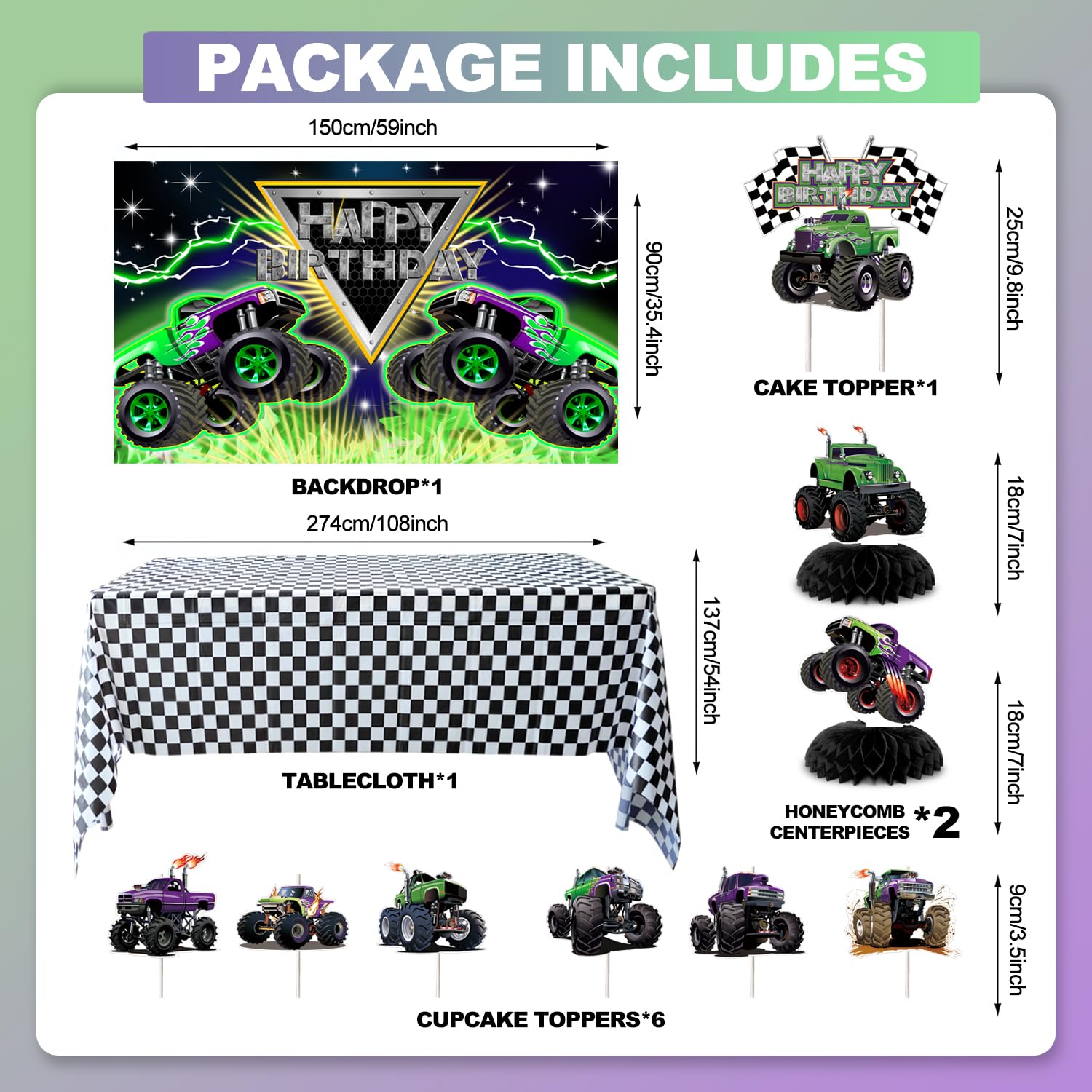Zylarithon Monster Truck Birthday Decorations – Balloon Arch Kit, Backdrop & Centerpieces