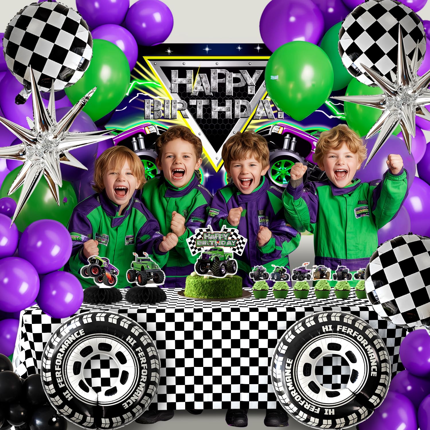 Zylarithon Monster Truck Birthday Decorations – Balloon Arch Kit, Backdrop & Centerpieces